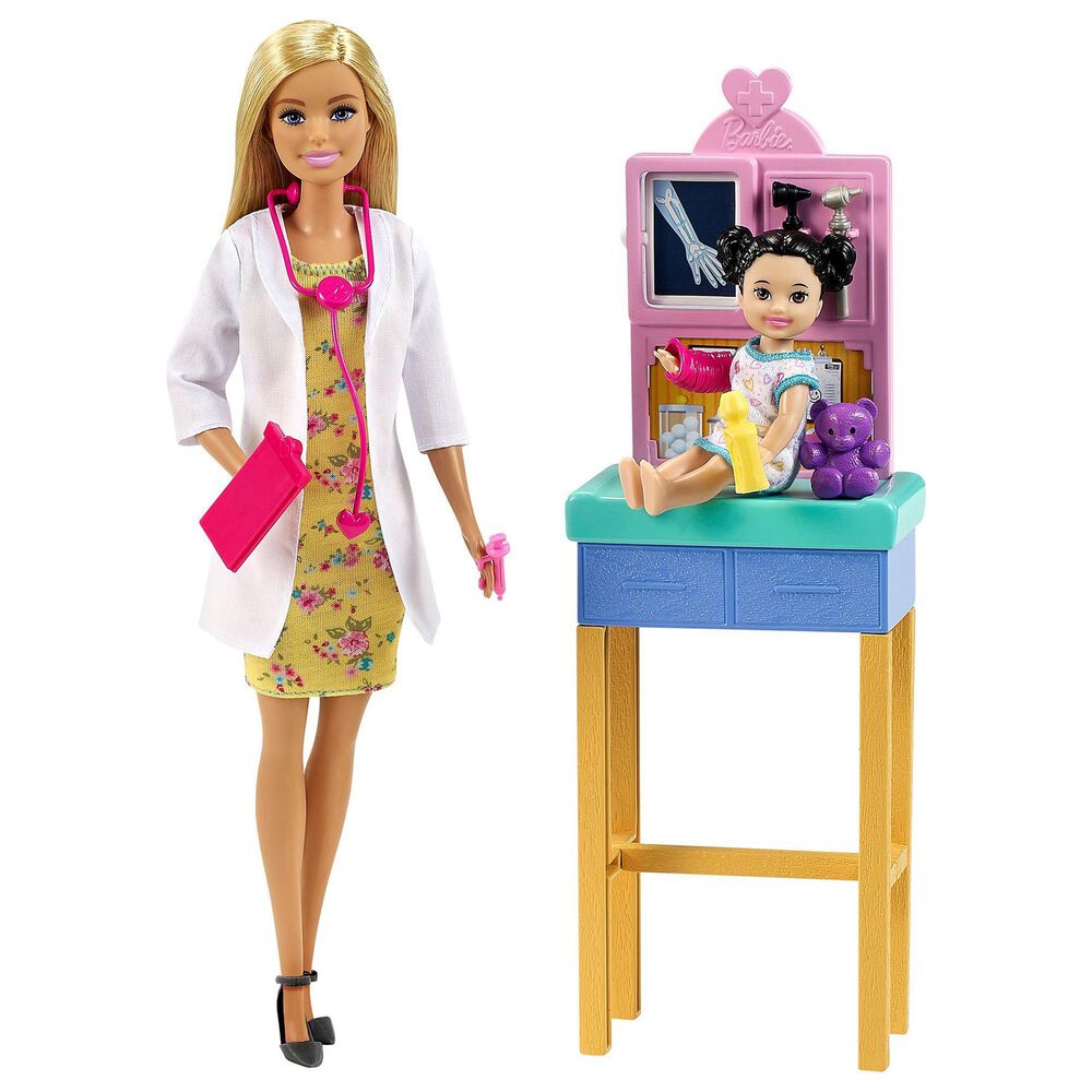 Barbie Barbie Pediatrician Playset, Blonde Doll, Exam Table, X-ray, Stethoscope, Tool, Clip Board, Patient Doll, Teddy Bear, , large