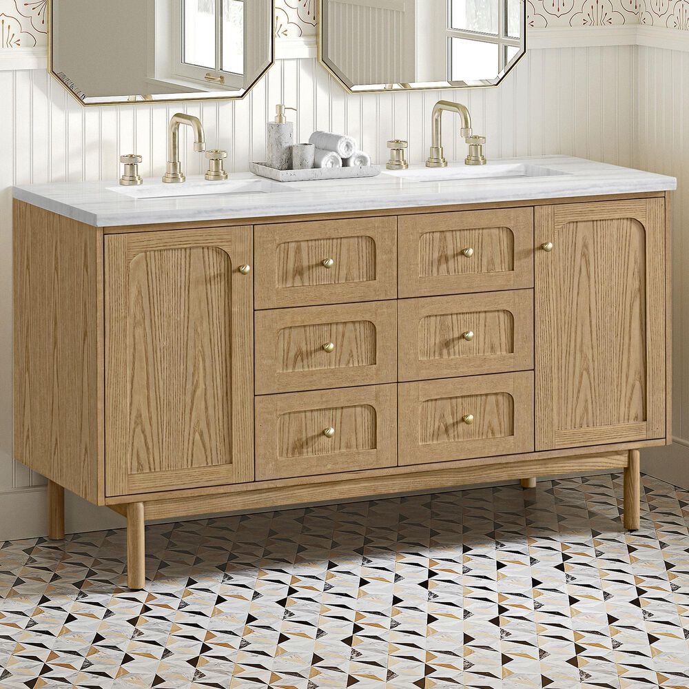 James Martin Vanities Laurent 60&quot; Double Bathroom Vanity in Light Natural Oak with 3 cm Arctic Fall Solid Surface Top and Rectangular Sinks, , large