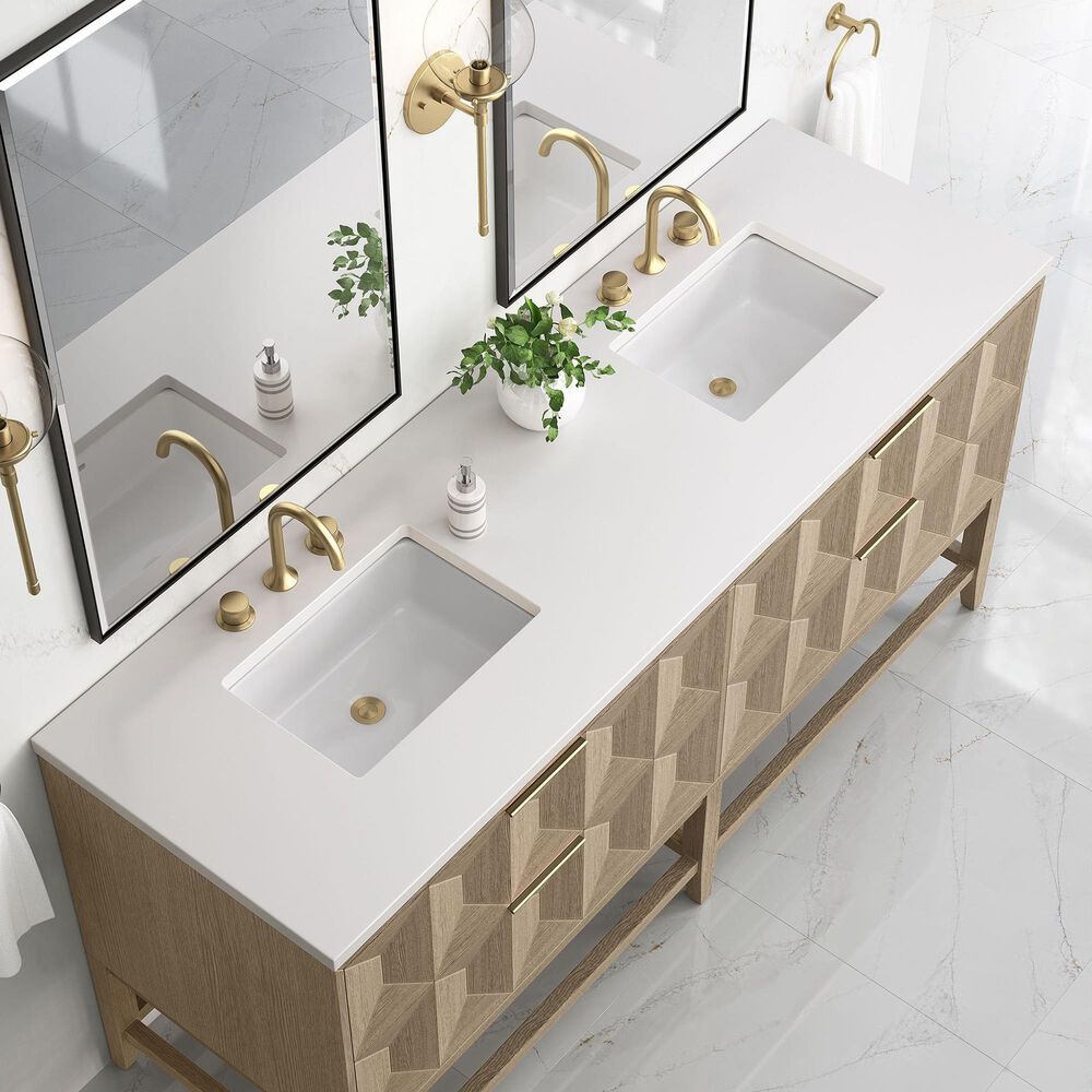 James Martin Vanities Emmeline 72" Double Bathroom Vanity in Pebble Oak with 3 cm White Zeus Quartz Top and Rectangular Sinks, , large