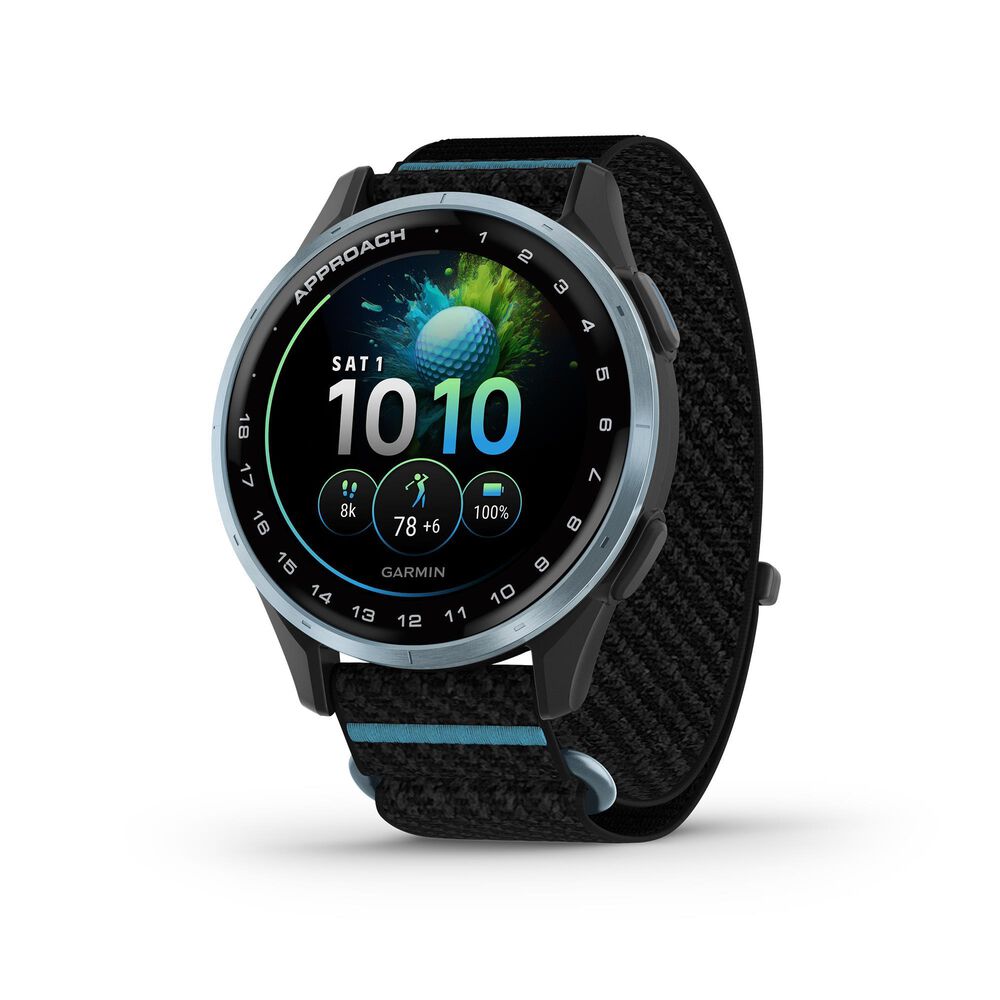 Garmin Approach J1 43mm Junior Golf GPS Smartwatch in Cloud Blue Aluminum Bezel with Black/Azure ComfortFit Fabric Band, , large