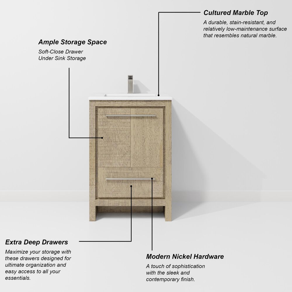 Lexora Home Lafarre 24&quot; Single Bathroom Vanity in Rustic Acacia with 2 cm White Cultured Marble Top and Rectangular Sink, , large