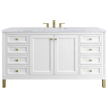 James Martin Chicago 60" Single Bathroom Vanity in Glossy White with 3 cm Carrara White Marble Top and Rectangular Sink, , large