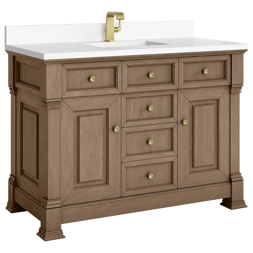 James Martin Vanities Brookfield 48" Single Bathroom Vanity in Pecan with Single Hole 3 cm White Zeus Quartz Top and Rectangular Sink, , large