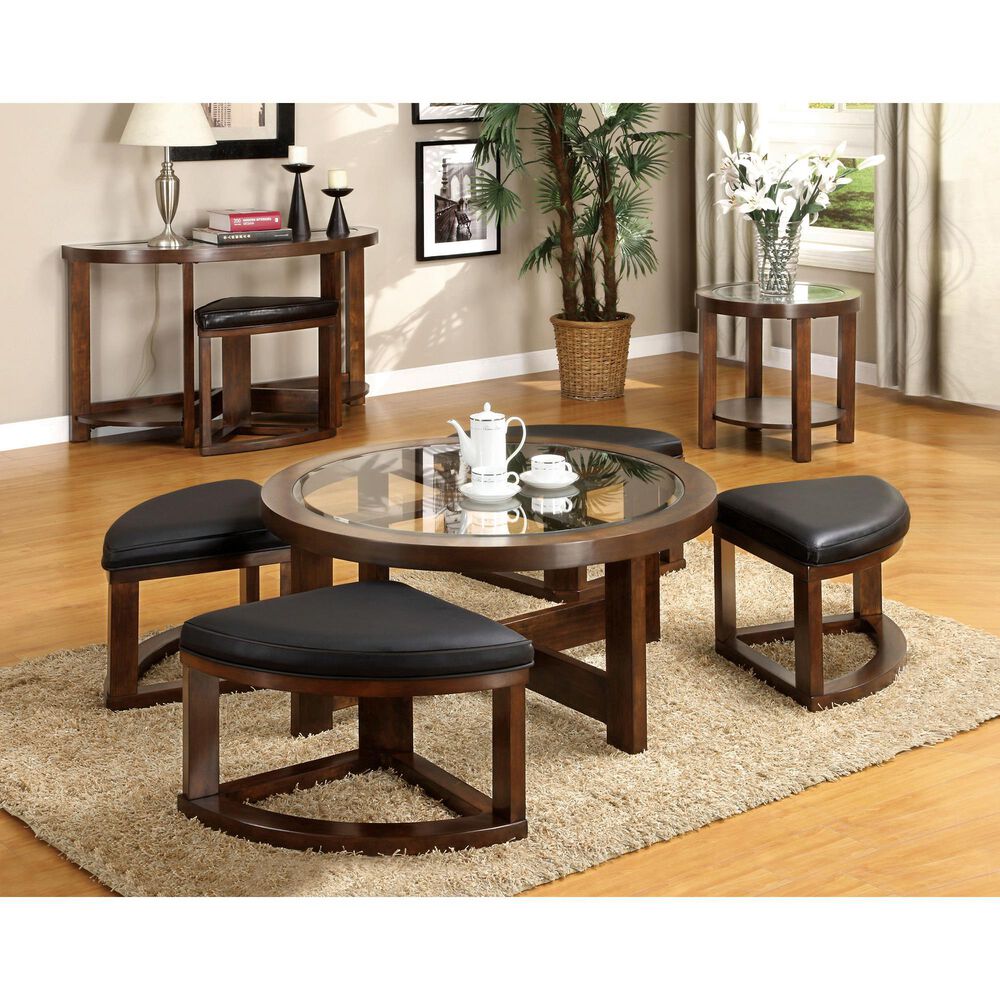 Furniture of America Fincher 5-Piece Coffee Table Set with Nesting Ottomans in Dark Walnut, , large