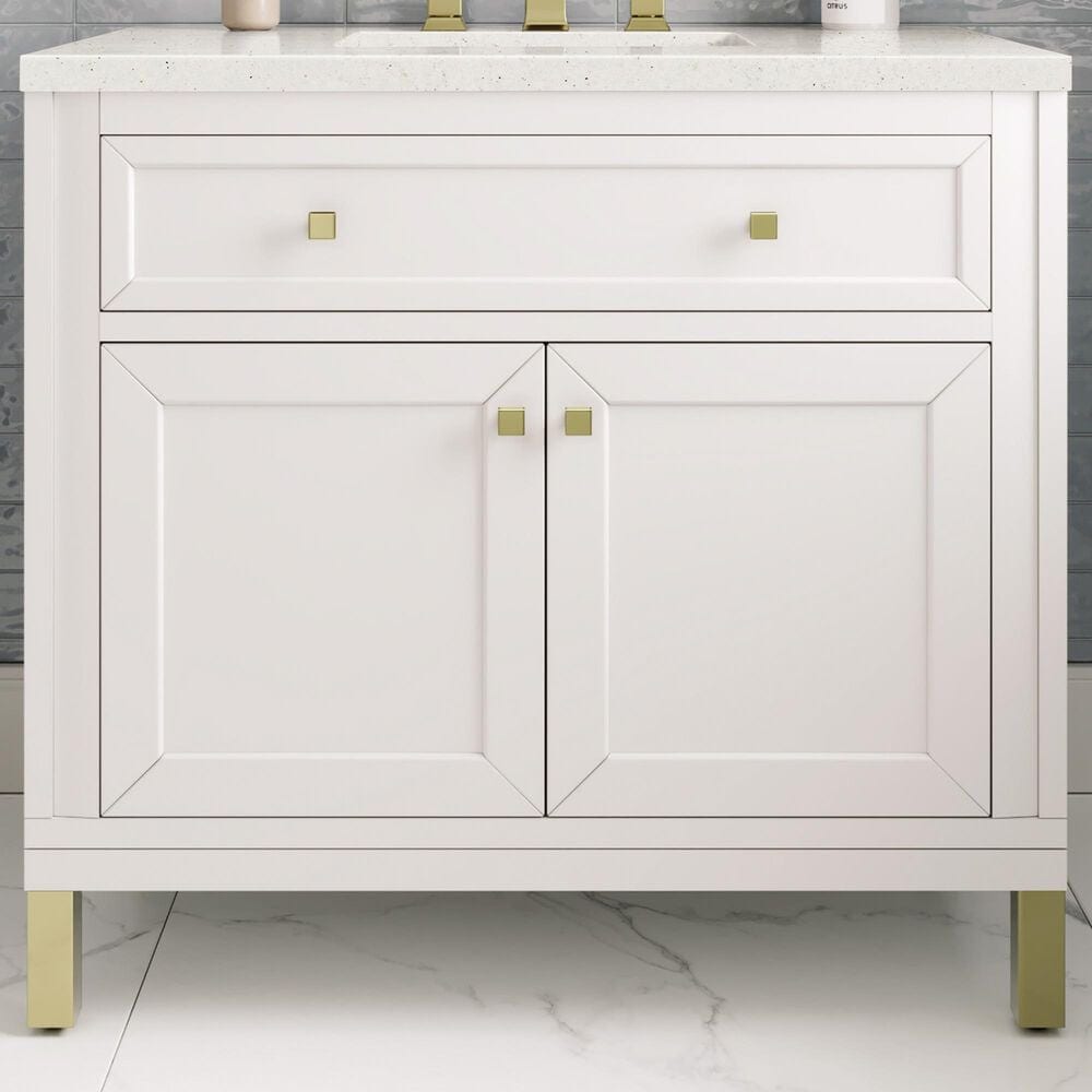James Martin Vanities Chicago 36&quot; Single Bathroom Vanity in Glossy White with 3 cm Lime Delight Quartz Top and Rectangular Sink, , large