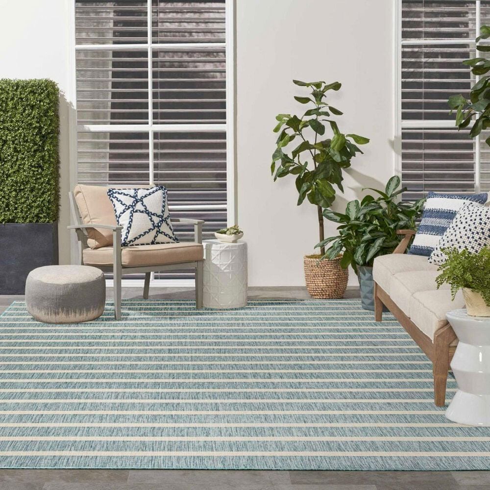 Nourison Positano POS03 Aqua and Ivory 4&#39; x 6&#39; Indoor/Outdoor Area Rug, , large