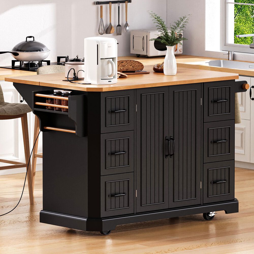 HOMLUX 56" Kitchen Island with Drop Leaf in Black, , large