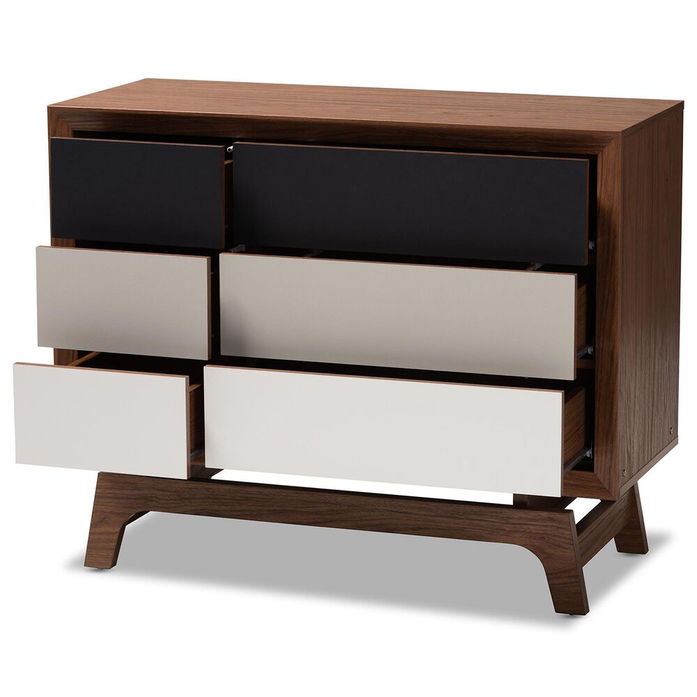 Baxton Studio Svante 6-Drawer Dresser in Walnut Brown, Dark Grey, Light Grey and White, , large