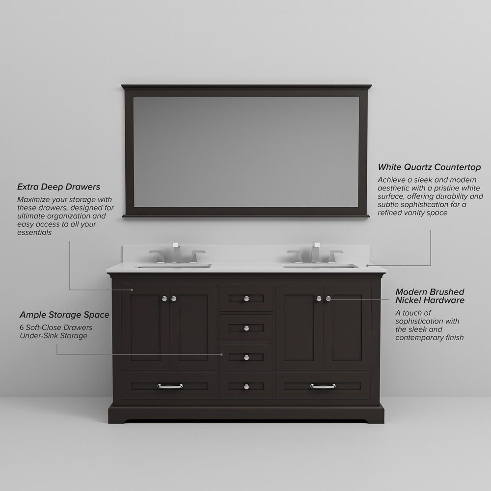 Lexora Home Dukes 60" Double Bathroom Vanity in Espresso with 2 cm White Quartz Top and Rectangular Sinks, , large