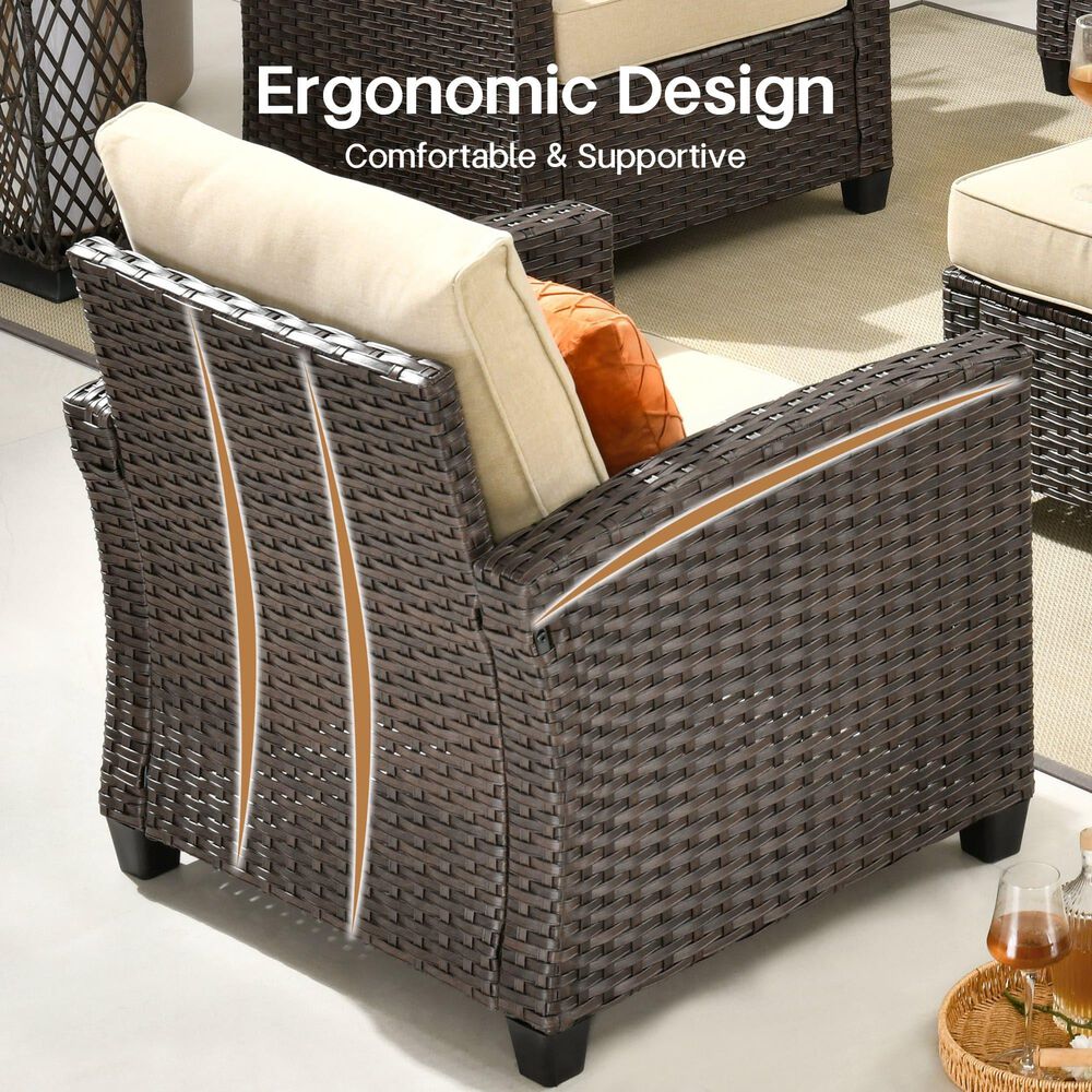 HOMLUX 6-Piece Patio Conversation Set with Loveseat and Light Brown Wicker in Beige, , large