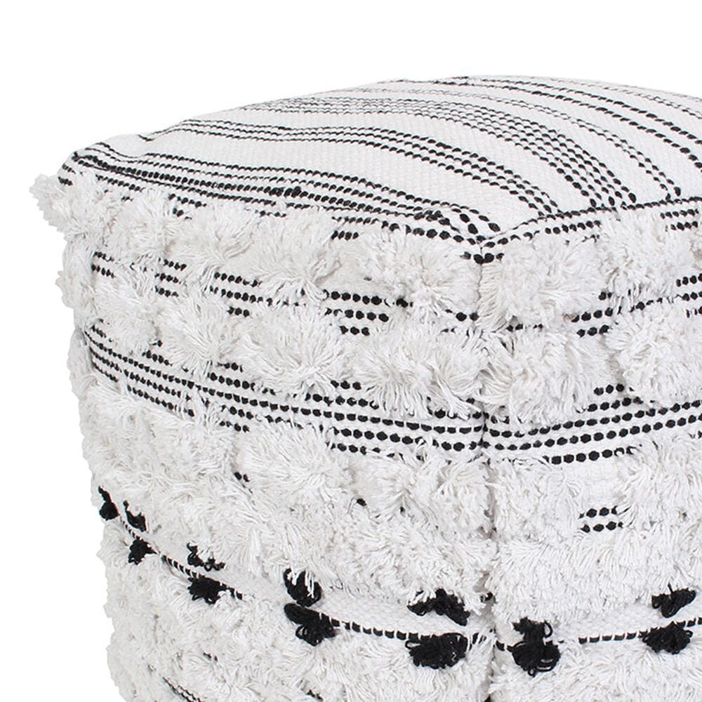 India House 18&quot; Fringe Pouf in Black and White, , large