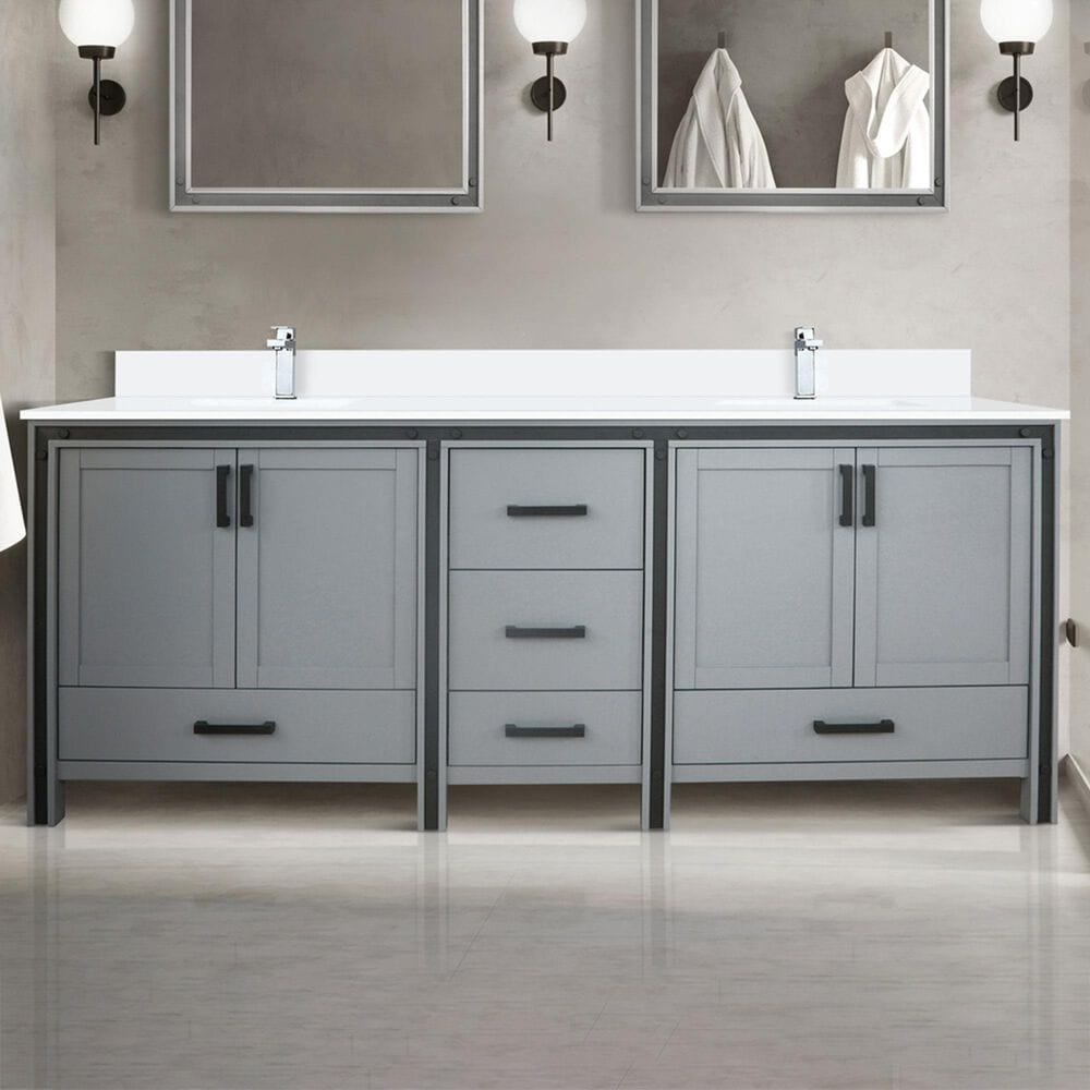 Lexora Home Ziva 84&quot; Double Bathroom Vanity in Dark Grey with 2 cm White Quartz Top and Rectangular Sinks, , large