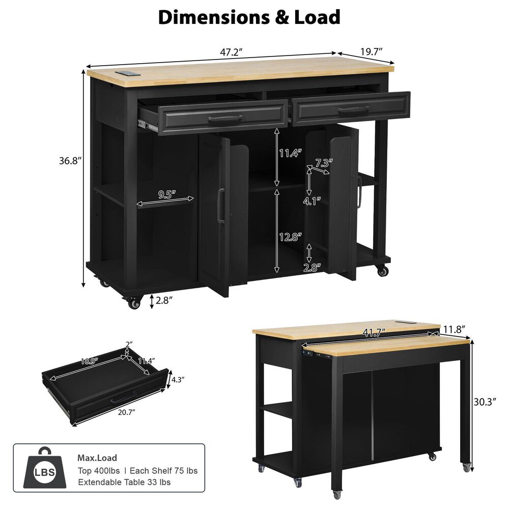 HOMLUX 47" Kitchen Island with Extendable Dining Table in Black, , large