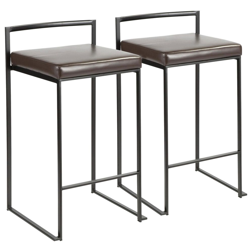 Lumisource Fuji Stackable Counter Stool with Brown Faux Leather Cushion in Black (Set of 2), , large