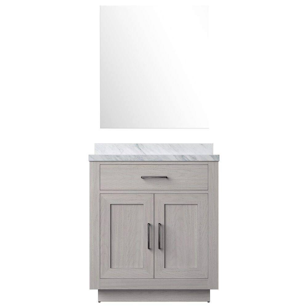 Lexora Home Abbey 30&quot; Single Bathroom Vanity in White Oak with 2 cm White Carrara Marble Top, Rectangular Sink and 28&quot; Mirror, , large