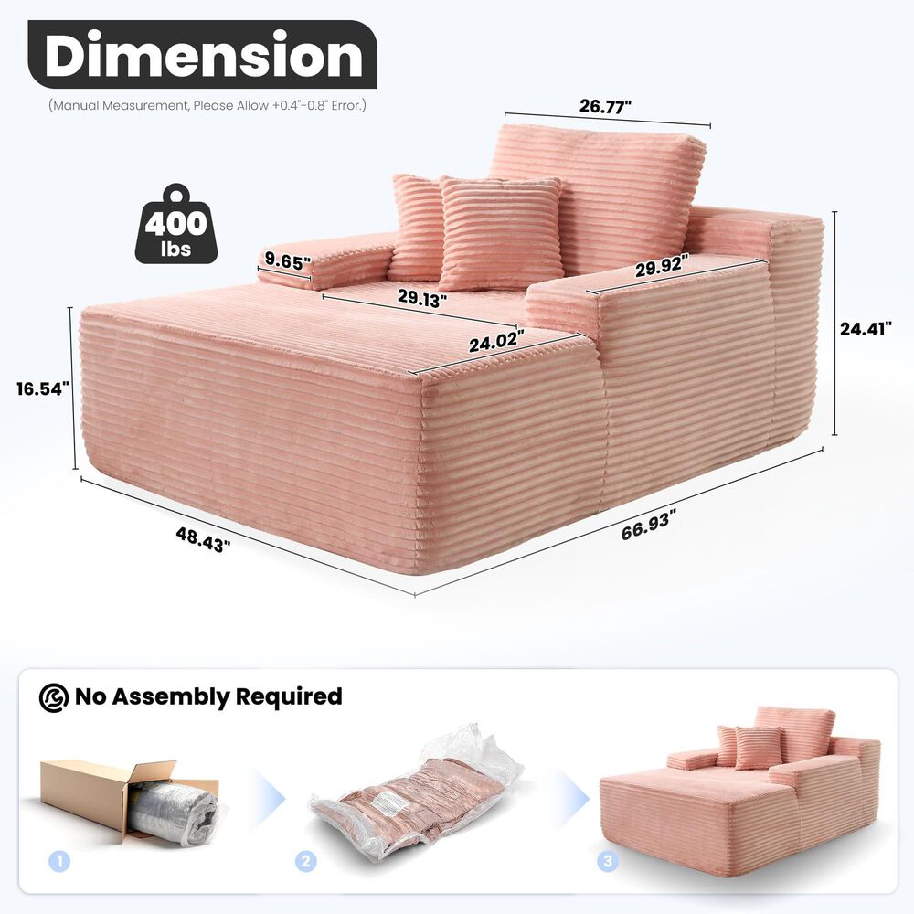 HOMLUX Cloud Faux Fur Chaise Lounge with Plush Pillows in Pink, , large