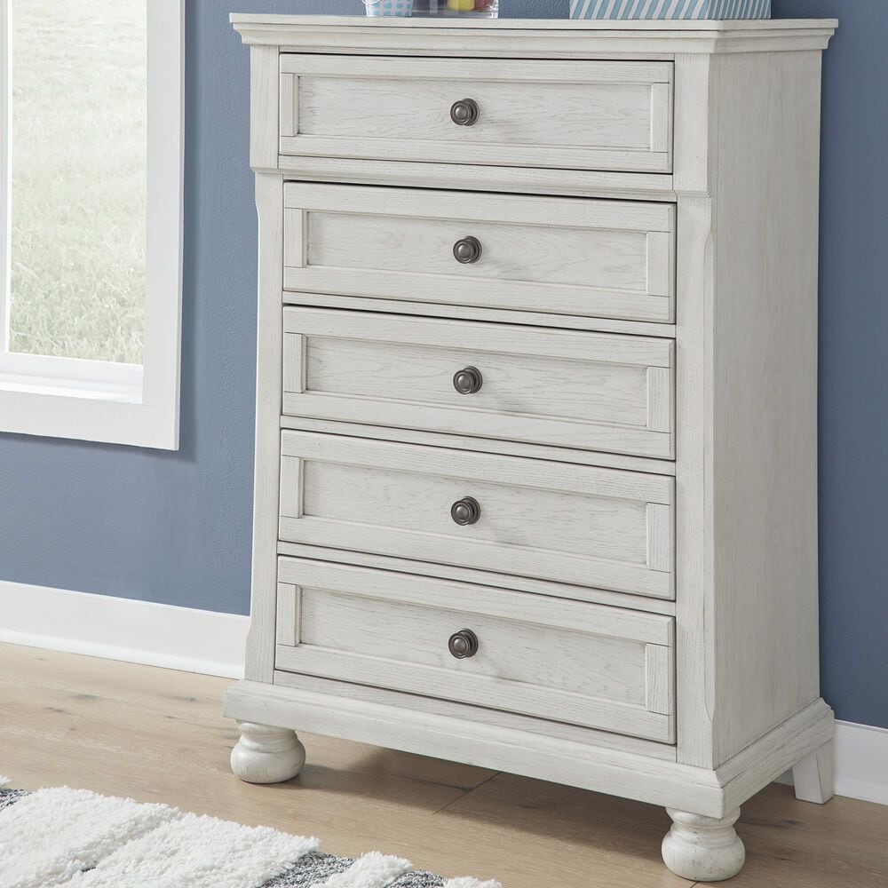 Ashley Robbinsdale 5 Drawer Single Knob Chest in Antique White, , large