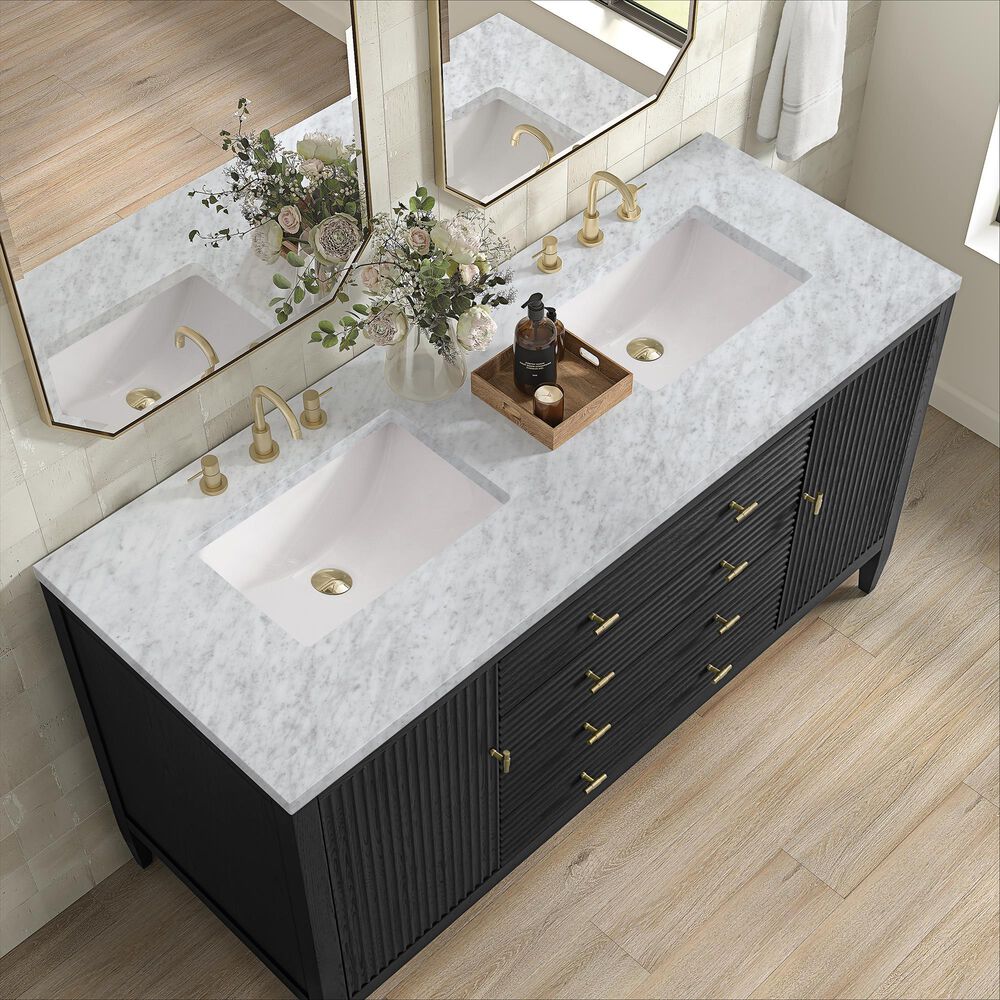 James Martin Vanities Myrrin 60&quot; Double Vanity in Carbon Oak with 3 cm Carrara White Marble Top, , large
