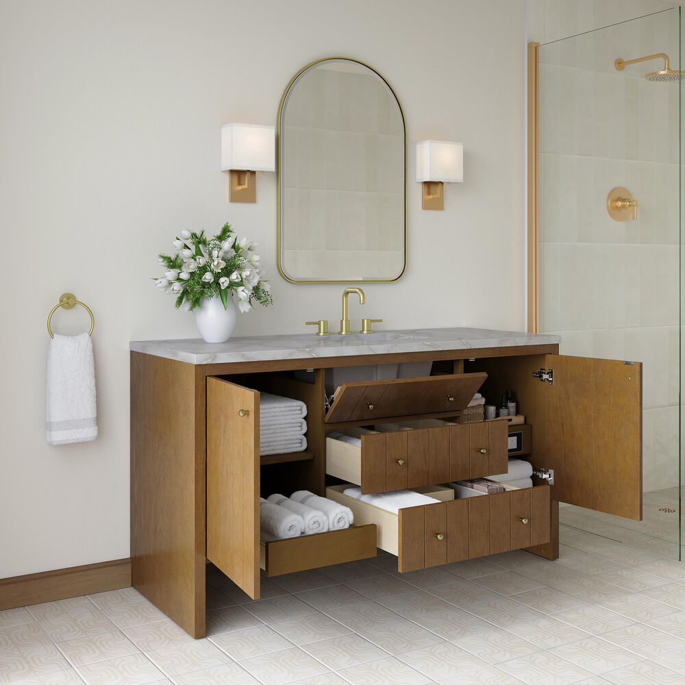 James Martin Hudson 60" Single Bathroom Vanity in Honey Oak with 3 cm Victorian Silver Silestone Top, Rectangular Sink and FreePower Wireless Charger, , large