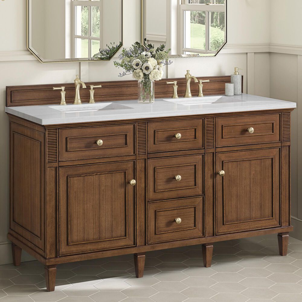 James Martin Vanities Lorelai 60&quot; Double Vanity in Mid-Century Walnut with 3 cm Arctic Fall Solid Surface Top, , large