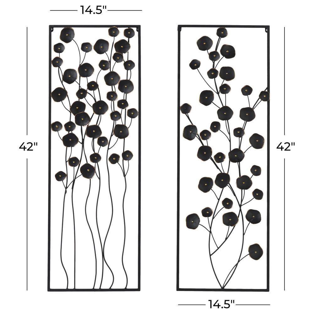 Maple and Jade 42&quot; x 15&quot; Metal Floral Wall Decor with Frame in Matte Black &#40;Set of 2&#41;, , large