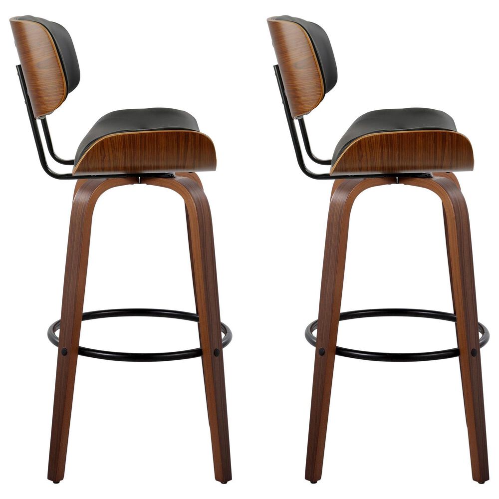 LumiSource Lombardi 30" Swivel Barstool with Black Faux Leather Upholstery in Walnut and Black (Set of 2), , large