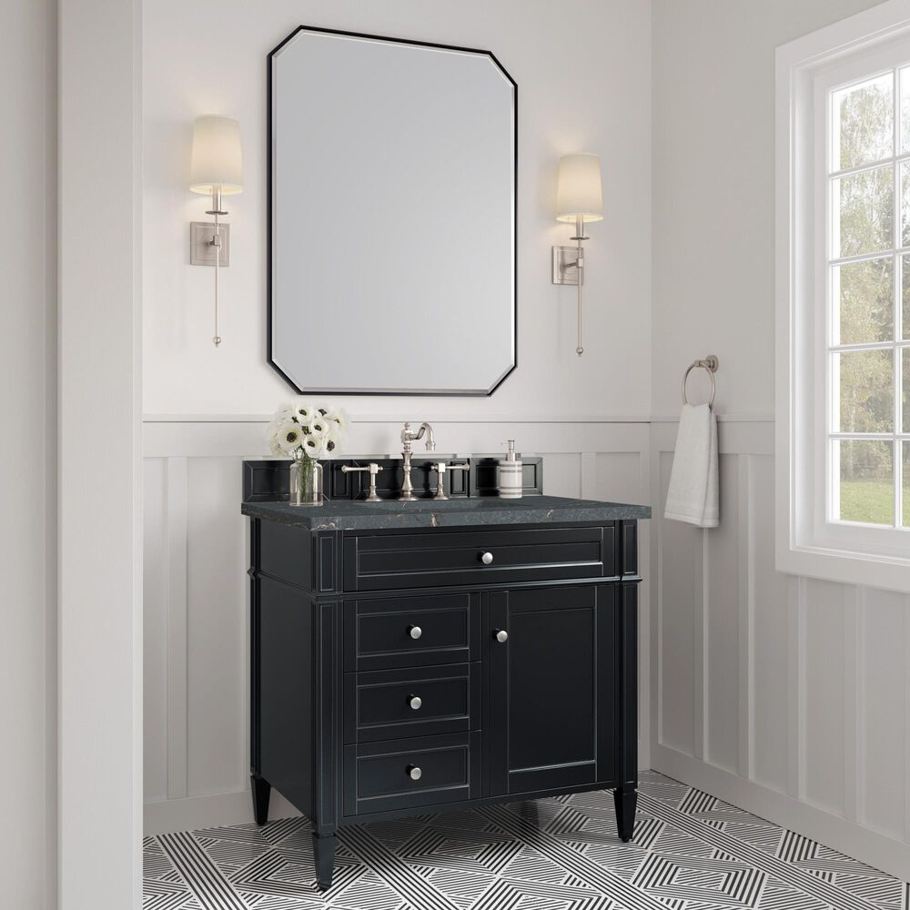 James Martin Vanities Brittany 36" Single Bathroom Vanity in Black Onyx with 3 cm Parisien Bleu Quartz Top and Rectangular Sink, , large