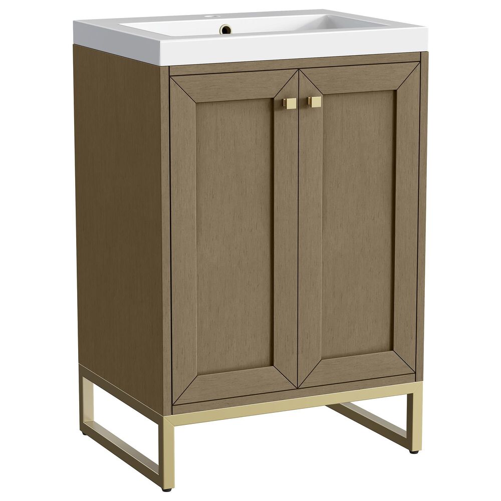 James Martin Vanities Chianti 24" Single Bathroom Vanity in Walnut Whisper and Champagne Brass with 2 cm White Glossy Composite Stone Top and Rectangular Sink, , large