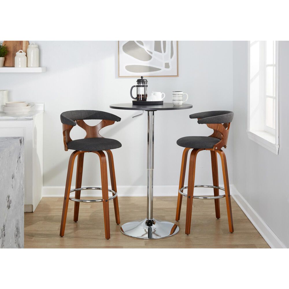LumiSource Gardenia Swivel Fixed-Height Bar Stool with Charcoal Fabric Upholstery in Chrome and Walnut (Set of 2), , large