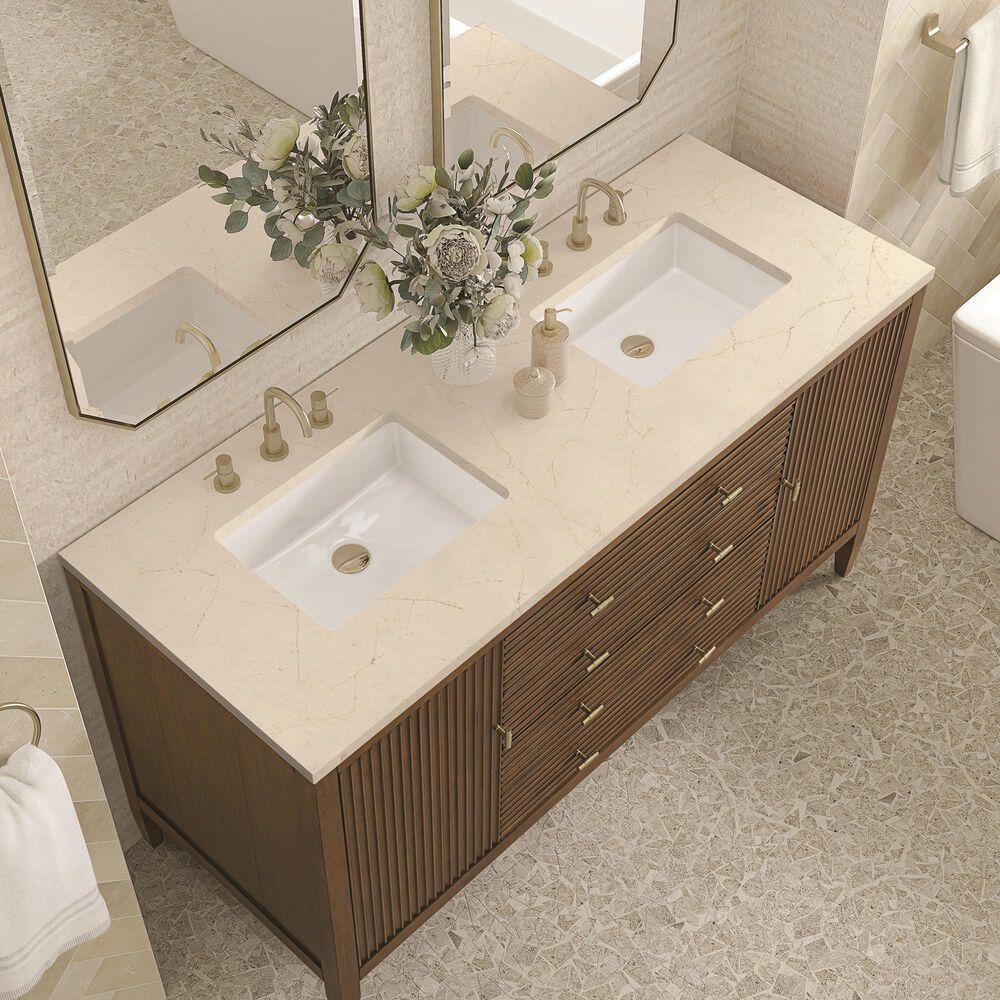James Martin Vanities Myrrin 60&quot; Double Vanity in Mid-Century Walnut with 3 cm Eternal Marfil Quartz Top, , large