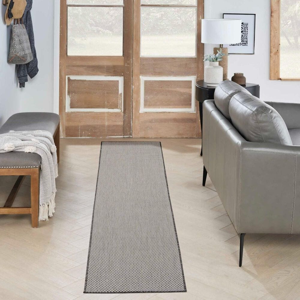 Nourison Courtyard Ivory and Charcoal 2&#39;2&quot; x 8&#39; Indoor/Outdoor Runner, , large