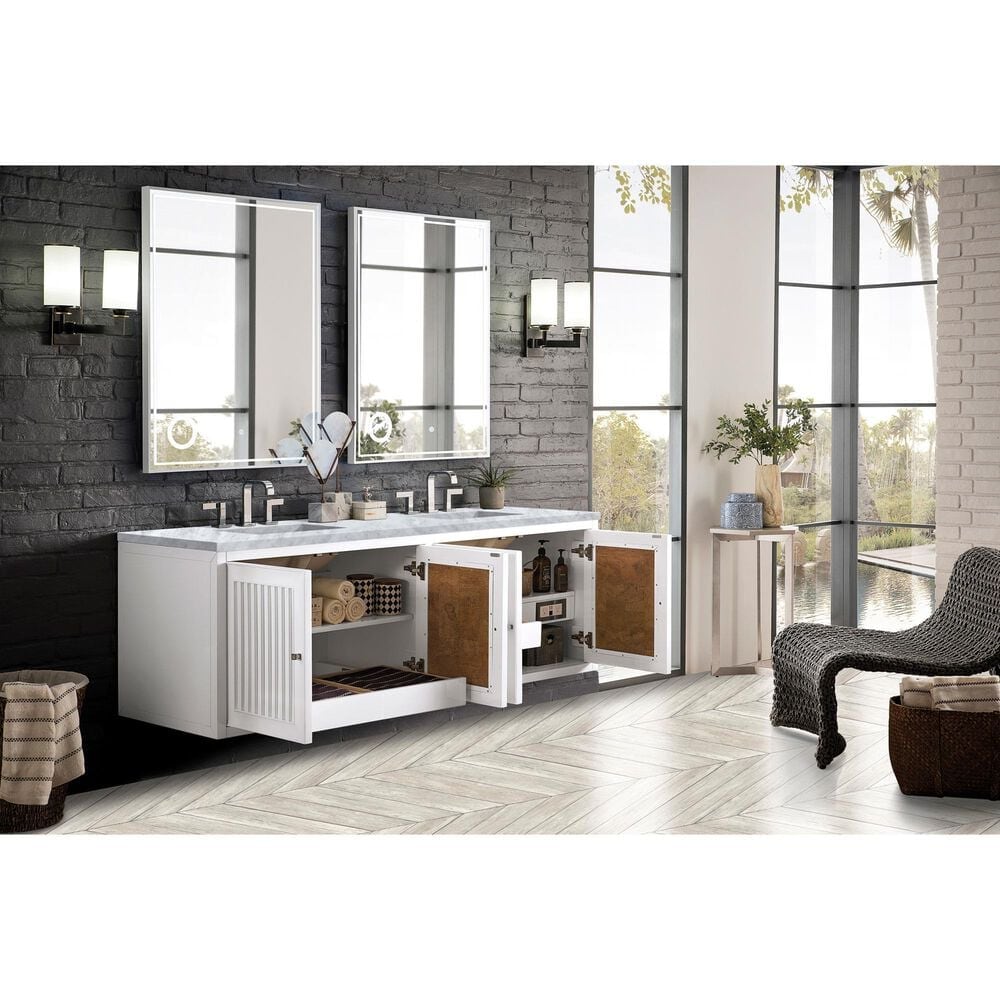 James Martin Vanities Athens 72&quot; Double Bathroom Vanity in Glossy White with 3 cm Carrara White Marble Top and Rectangular Sinks, , large
