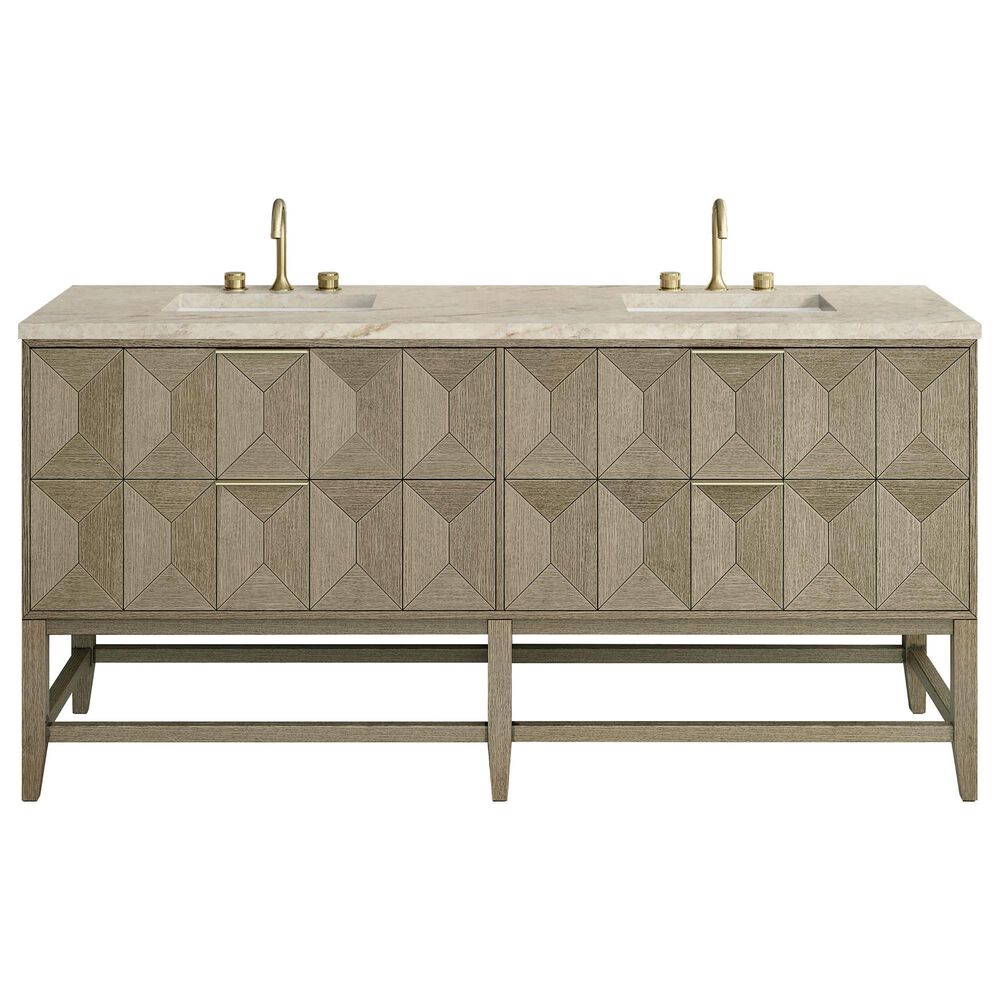 James Martin Emmeline 72" Double Bathroom Vanity in Pebble Oak with 3 cm Tajnar Eclos Top and Rectangular Sinks, , large