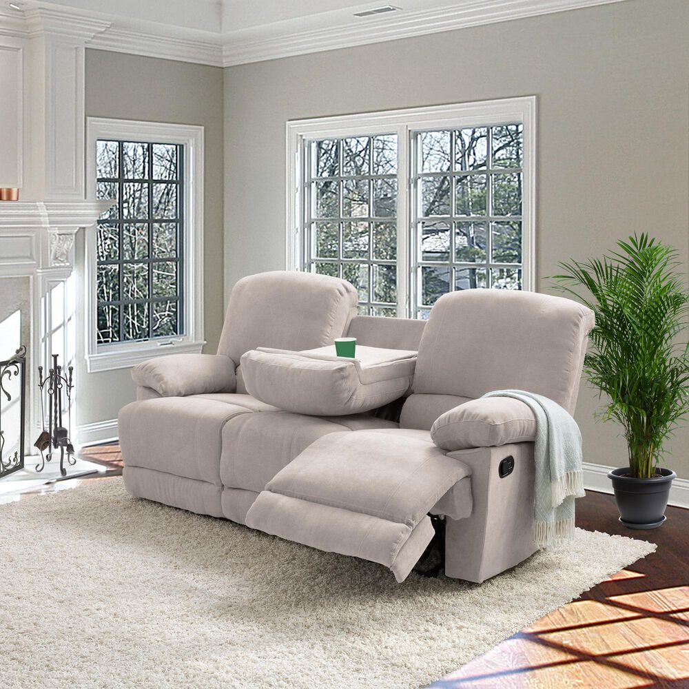 CorLiving Lea Reclining Console Sofa with Cupholders in Beige Fabric, , large