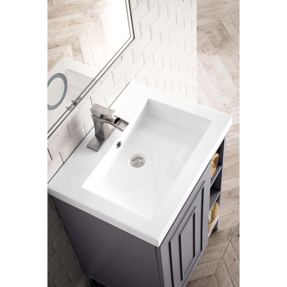 James Martin Vanities Alicante 24&quot; Single Bathroom Vanity in Grey Smoke and Brushed Nickel with 5 cm White Glossy Resin Top and Rectangular Sink, , large