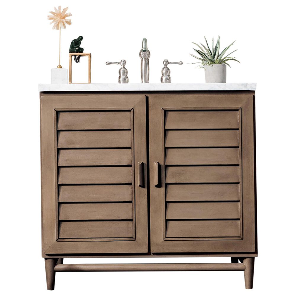 James Martin Vanities Portland 36" Single Bathroom Vanity in Whitewashed Walnut with 3 cm Carrara White Marble Top and Rectangular Sink, , large
