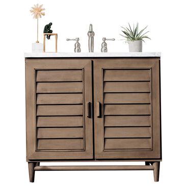 James Martin Vanities Portland 36" Single Bathroom Vanity in Whitewashed Walnut with 3 cm Carrara White Marble Top and Rectangular Sink, , large