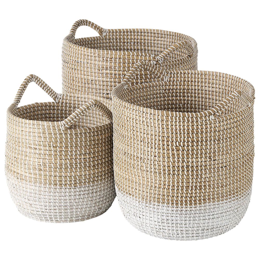 Mercana Maddie Round Basket with Handles in Light Brown and White (Set of 3), , large
