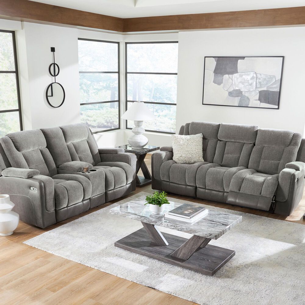 Ashley Mixed Motion Power Reclining Sofa in Shadow, , large