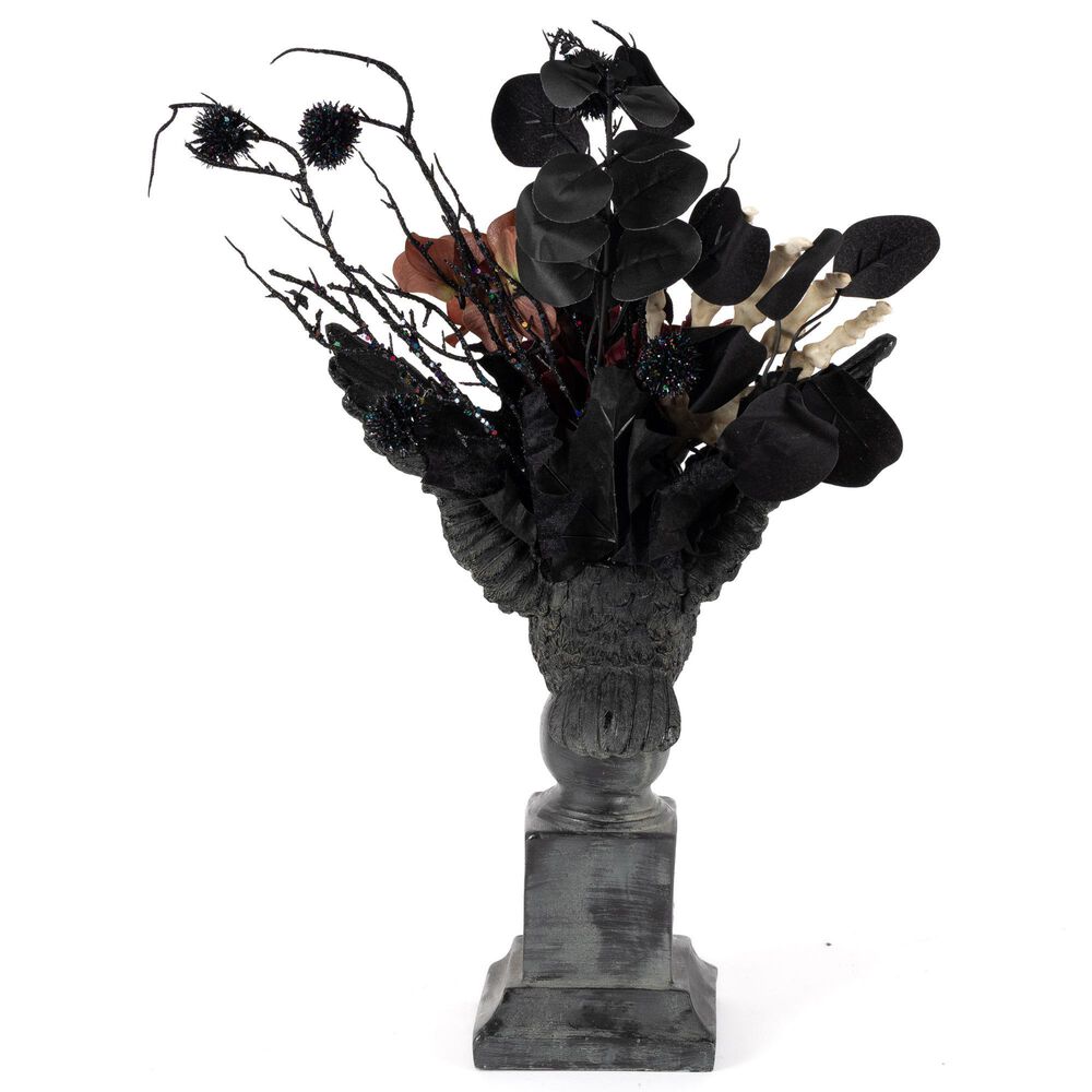 The Gerson Company 20&quot;H Resin Halloween Owl with Floral Arrangement in Black, , large
