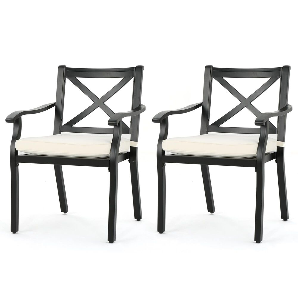 Hearth and Haven Outdoor Aluminum Dining Chair with X-Back Design and Ivory Cushion in Black &#40;Set of 2&#41;, , large