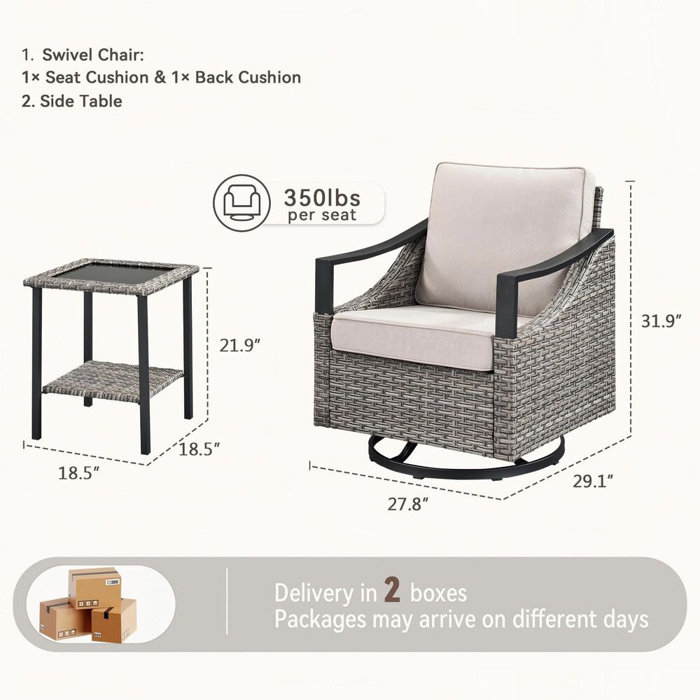 Sunwell Garden 3-Piece Patio Swivel Glider Set with 21.9" Side Table in Beige, , large
