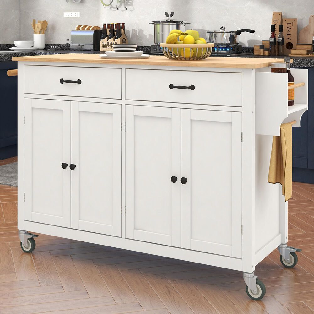 HOMLUX 54" Kitchen Island Cart with Solid Wood Top and Locking Wheels in White, , large