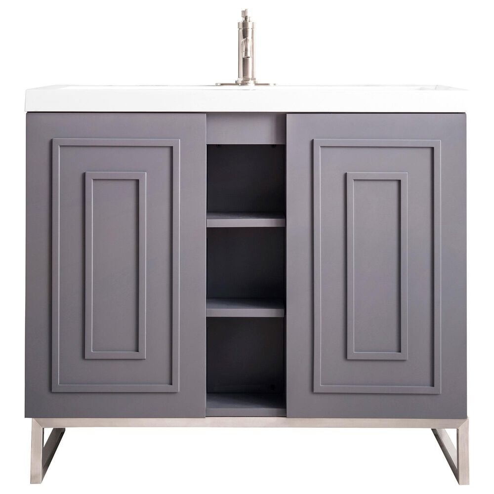 James Martin Vanities Alicante 39.5" Single Bathroom Vanity in Grey Smoke and Brushed Nickel with 5 cm White Glossy Resin Top and Rectangular Sink, , large