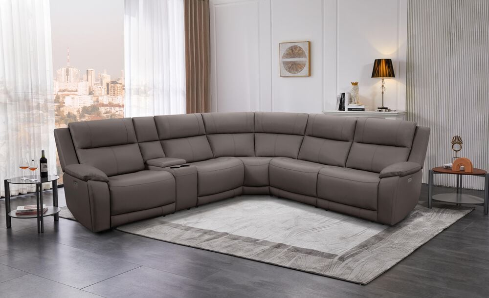 Oxford Furniture 6-Piece Leather Power Reclining Sectional in Madrid Mocha, , large