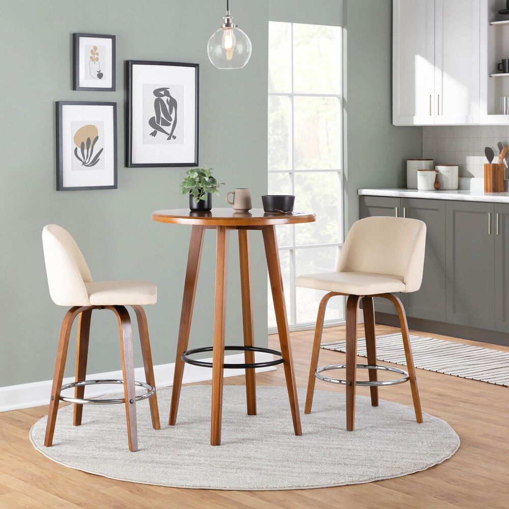 LumiSource Toriano Swivel Counter Stool with Cream Faux Leather Upholstery in Walnut and Chrome (Set of 2), , large