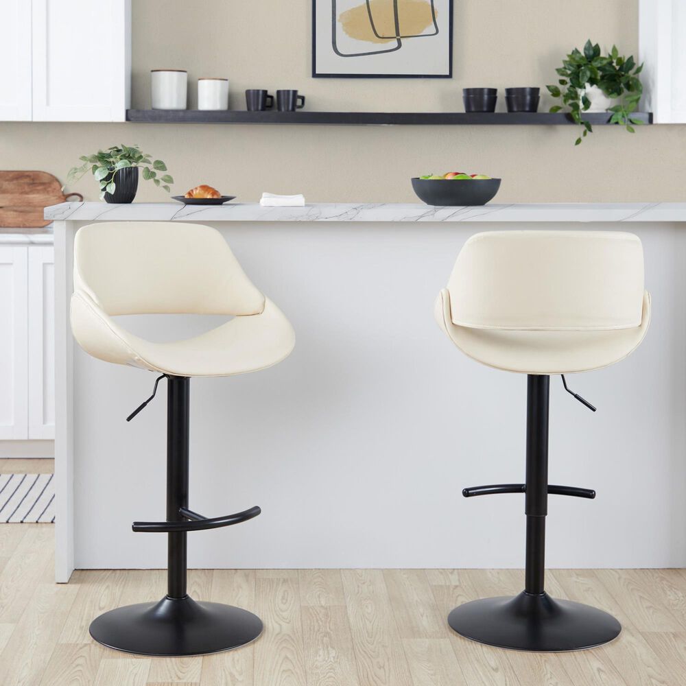 LumiSource Fabrico Swivel Adjustable Bar Stool with Cream Faux Leather Upholstery and Rounded T Footrest in Black (Set of 2), , large