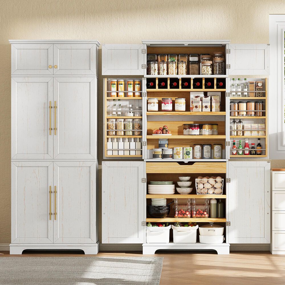HOMLUX HOMLUX 78.2" Tall Farmhouse Kitchen Pantry Cabinet with 8 Door Shelves, Storage Cabinet with 4 Adjustable Shelves, Hidden Drawer, Wine Rack, Versatile Cupboard for Kitchen, Dining &amp; Bathroom, Retro White, , large