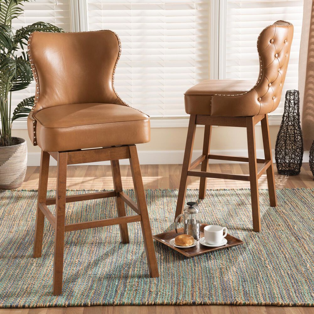 Baxton Studio Gradisca Swivel Bar Stool in Walnut Brown (Set of 2), , large