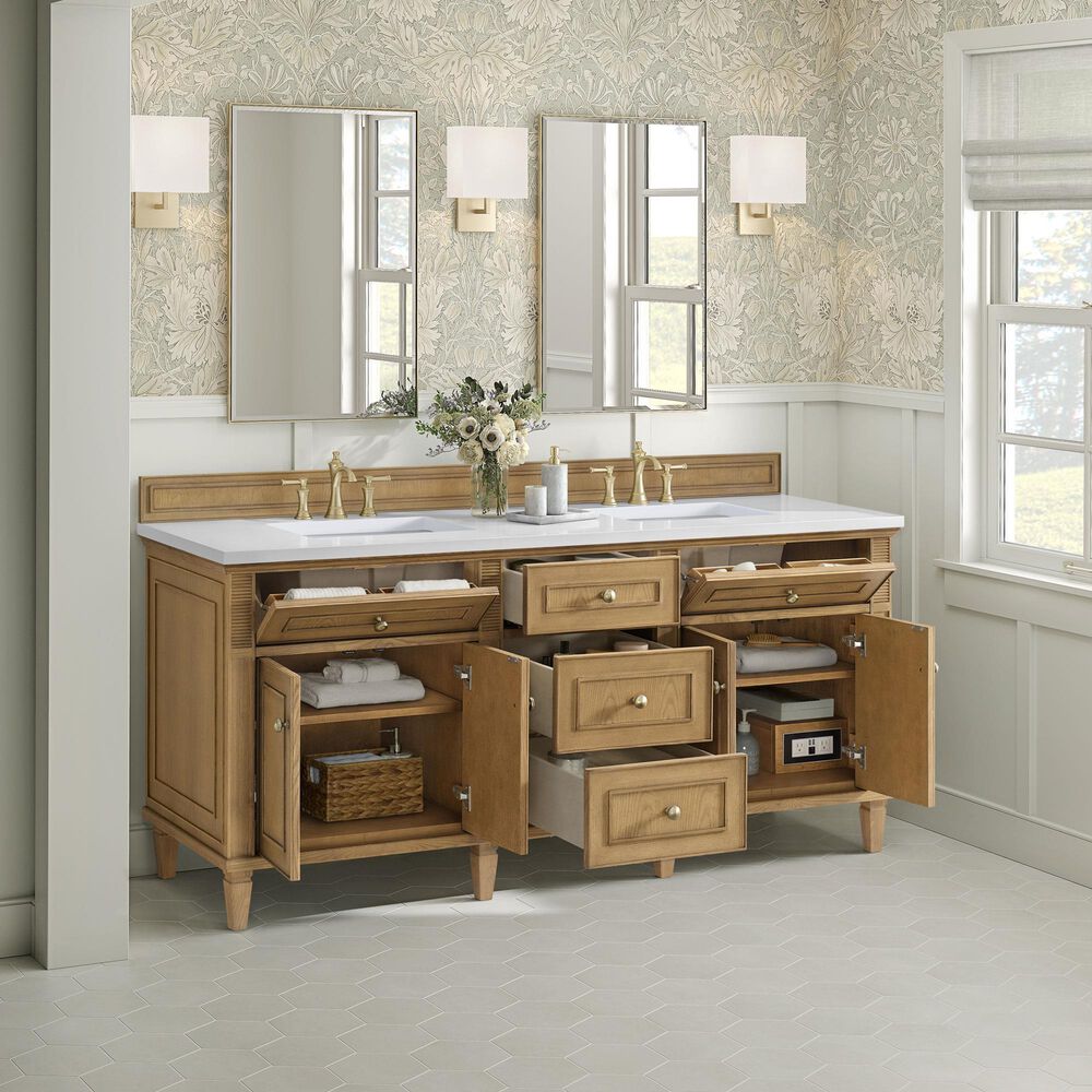 James Martin Vanities Lorelai 72&quot; Double Vanity in Light Natural Oak with 3 cm White Zeus Quartz Top, , large
